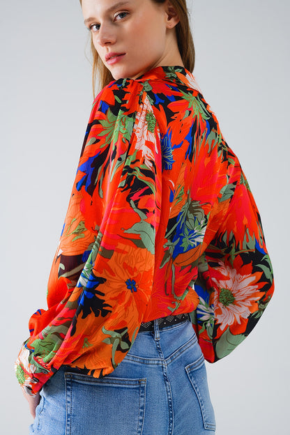 Camisa de gasa Floral con Mangas Globo en Negro