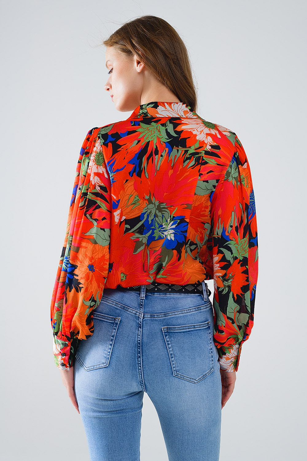 Camisa de gasa Floral con Mangas Globo en Negro