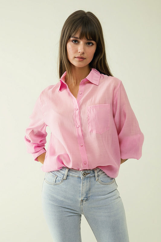 Q2 Camisa de gasa rosa de manga larga con un bolsillo en el pecho