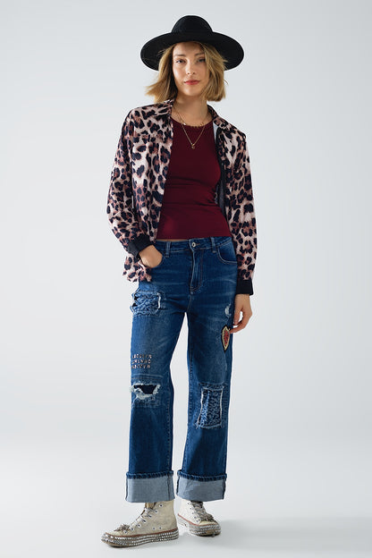 camisa de leopardo con detalle de raso negro