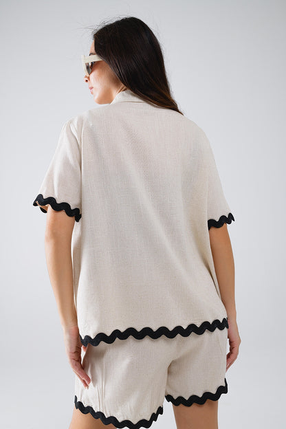 Camisa de Lino con Festón en Contraste Beige