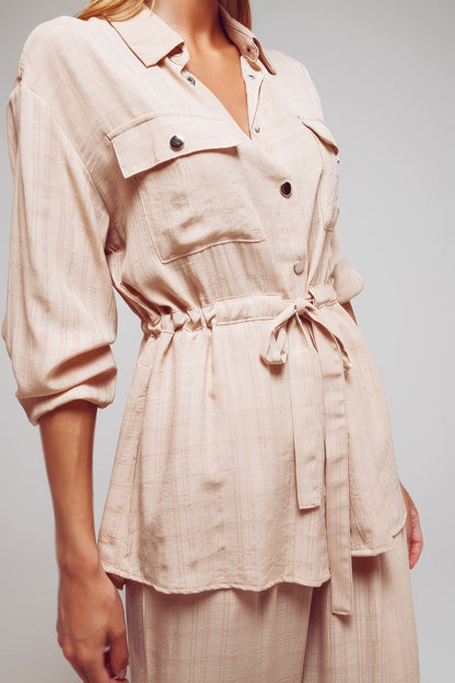 Camisa de manga larga con cintura lazada en beige