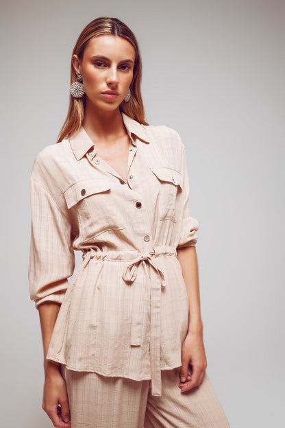 Camisa de manga larga con cintura lazada en beige