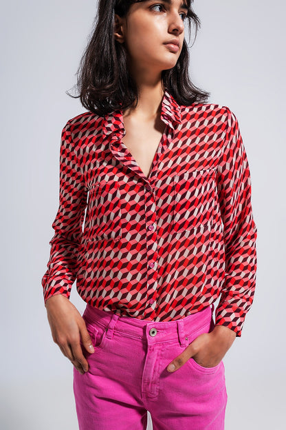 Q2 Camisa de manga larga con estampado geométrico y cuello de solapas