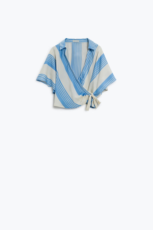 Q2 Camisa de raso Blanca Atada Al Lado Con Cuello En V