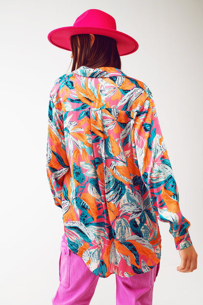 Camisa de satén con estampado floral en naranja