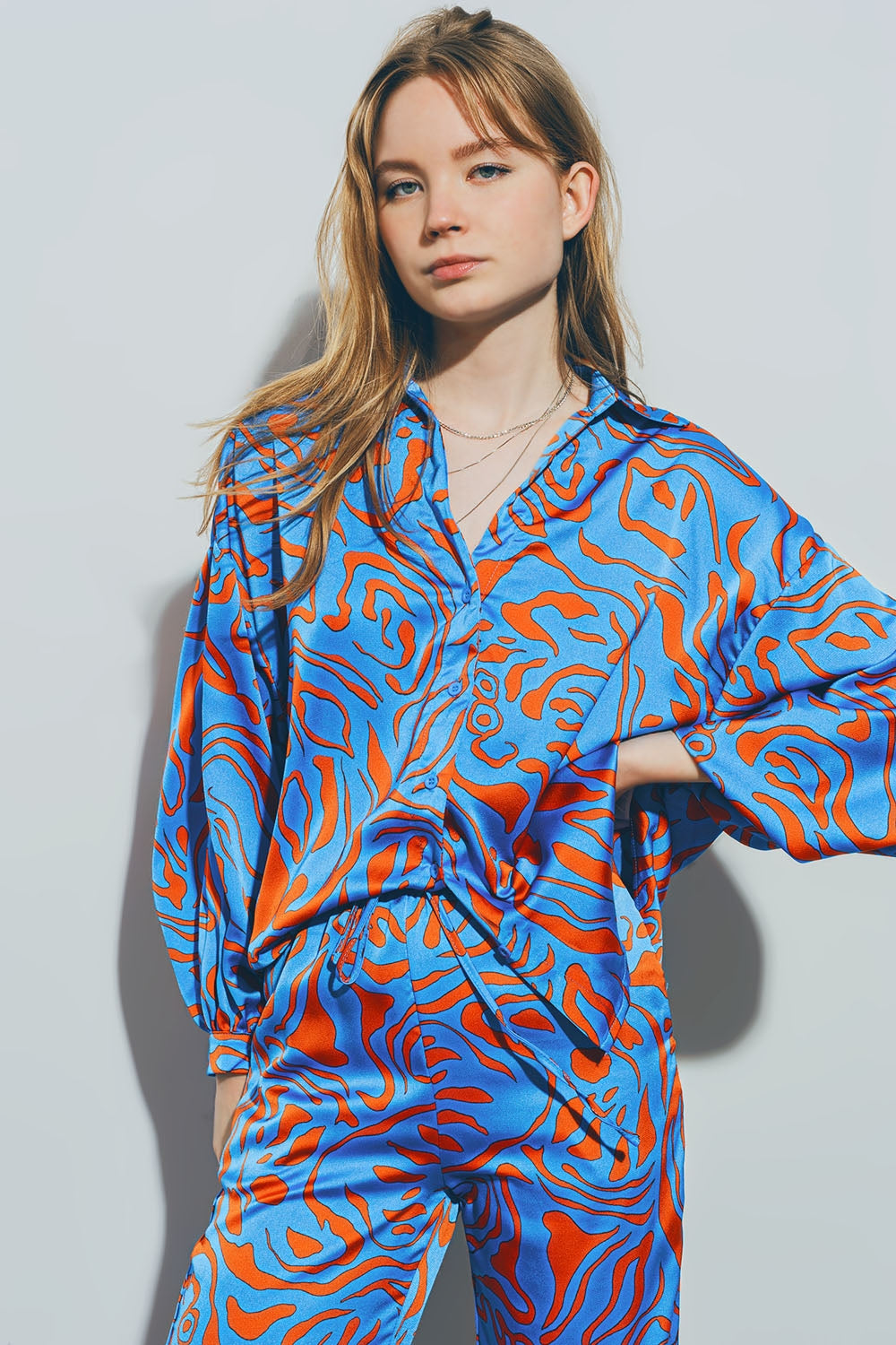 Camisa de Satén con Mangas Globo en Azul