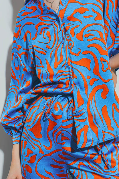 Camisa de Satén con Mangas Globo en Azul