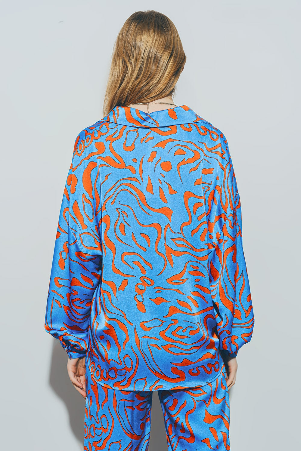 Camisa de Satén con Mangas Globo en Azul