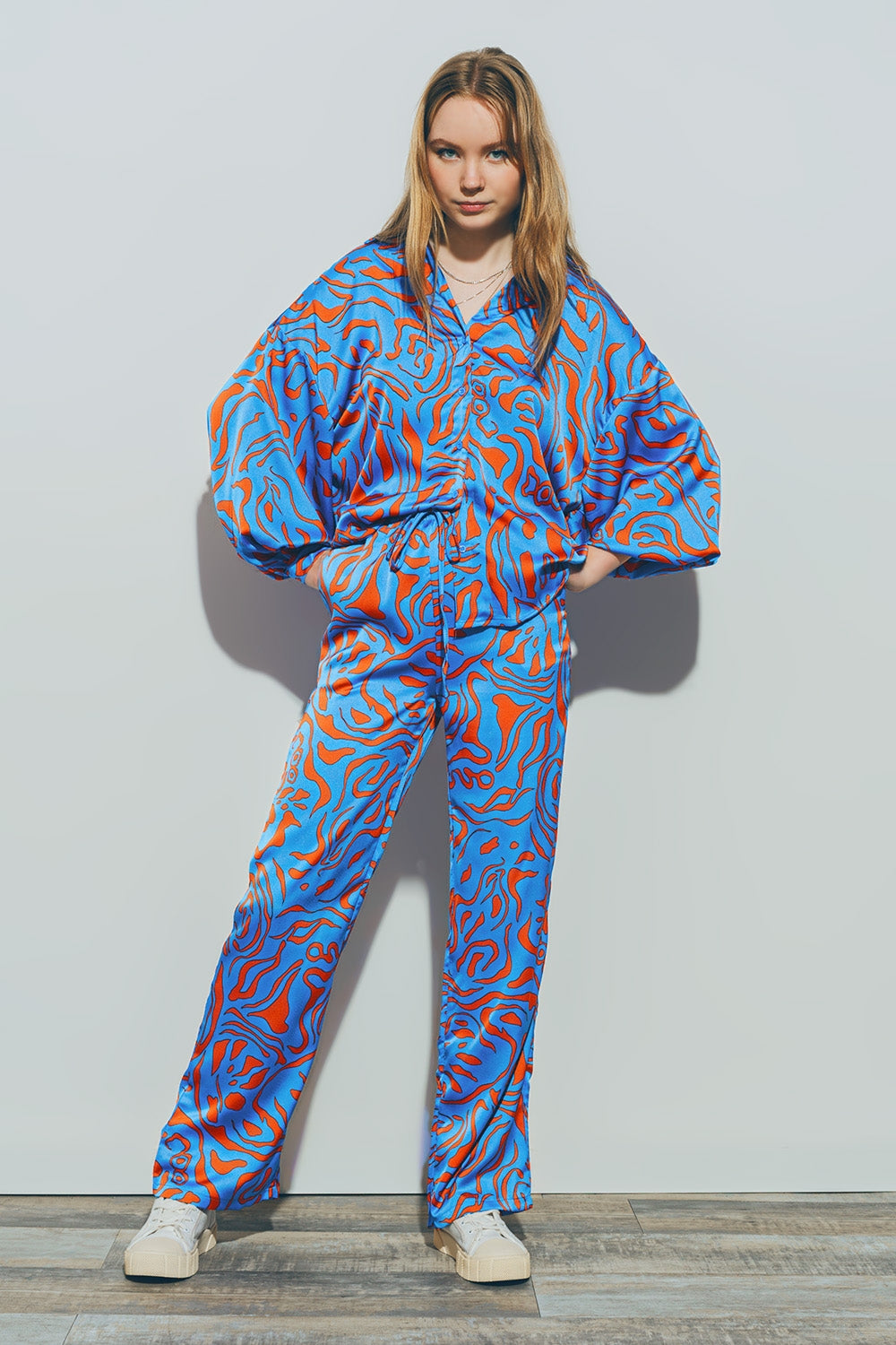 Camisa de Satén con Mangas Globo en Azul