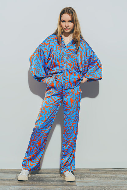 Camisa de Satén con Mangas Globo en Azul