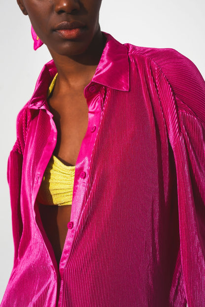 Camisa de saten plisada en fucsia
