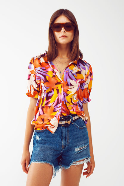 Camisa estampada de flores con mangas elásticas en multicolor