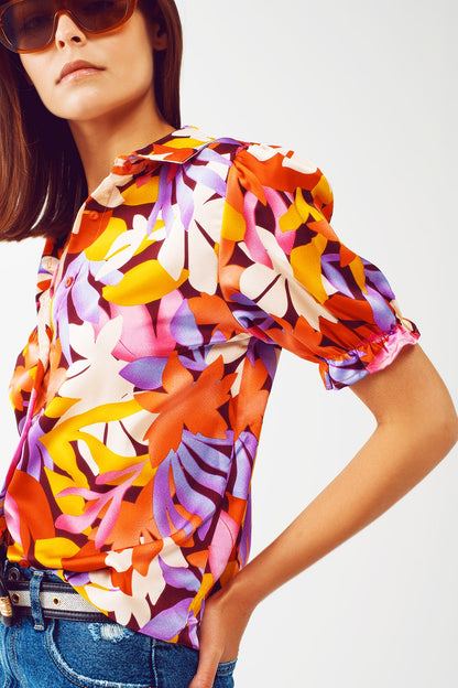 Camisa estampada de flores con mangas elásticas en multicolor