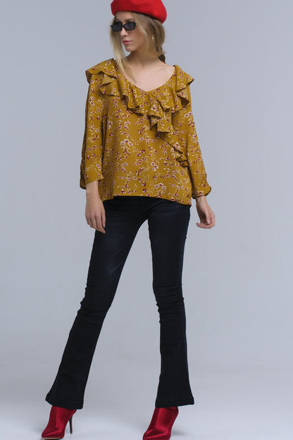 Camisa mostaza con volantes cruzados