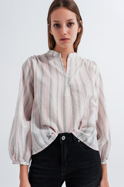 Q2 Camisa rosa de rayas con cuello mao