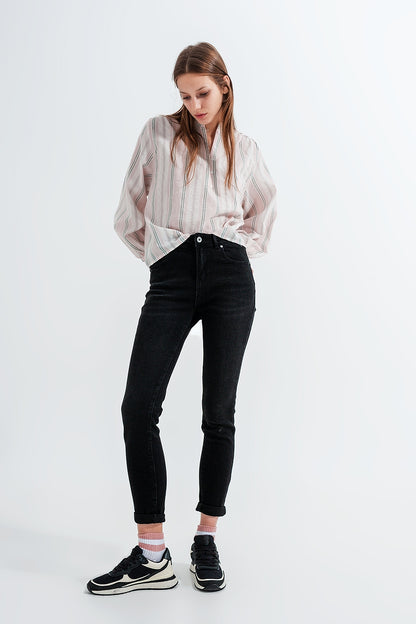 Camisa rosa de rayas con cuello mao