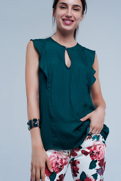Camisa sin mangas con volantes en verde oscuro