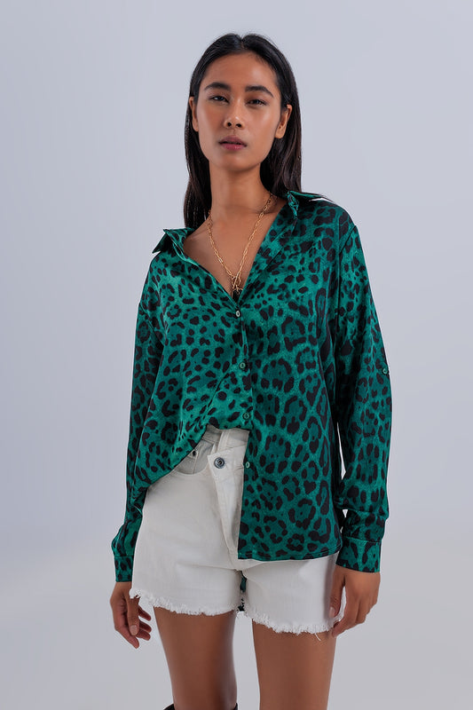 Q2 Camisa suave de manga larga verde con estampado de animal