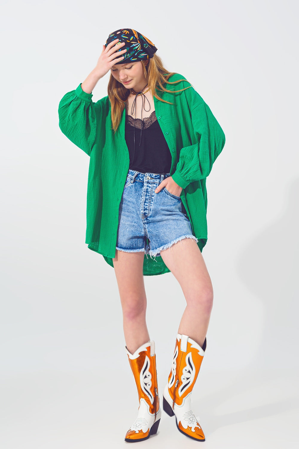 Camisa Texturizada  Extragrande de Corte Holgado en Verde