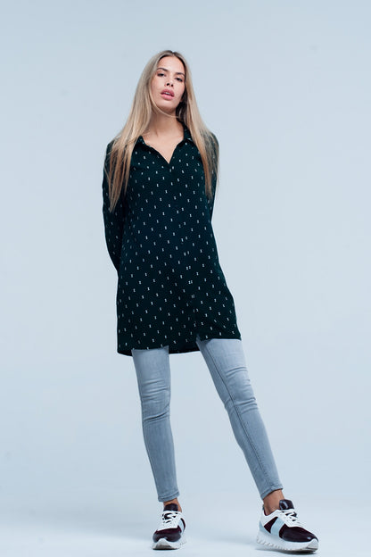 Camisa Verde larga con estampado en plateado