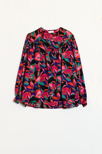 Q2 Camisa voluminosa extragrande con estampado abstracto de hojas coloridas