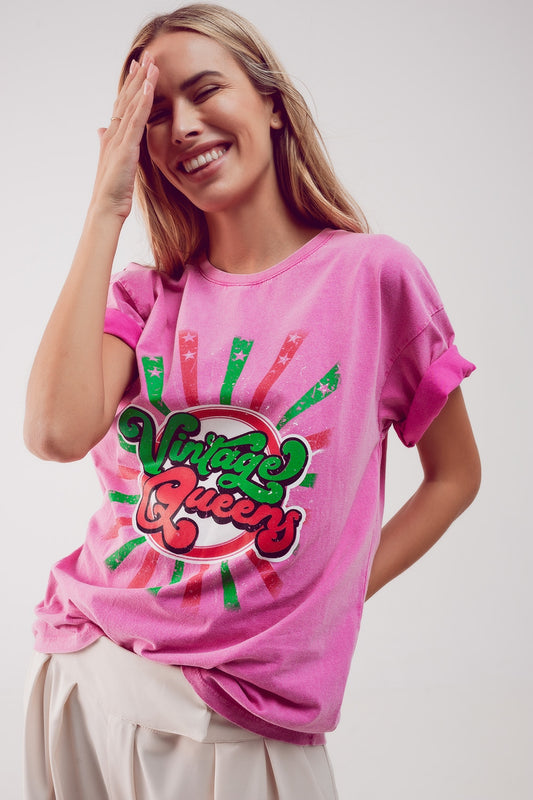 Q2 Camiseta casual con estampado gráfico de Vintage Queens en rosa