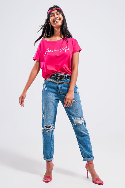 Camiseta color fucsia con texto Amore Mio