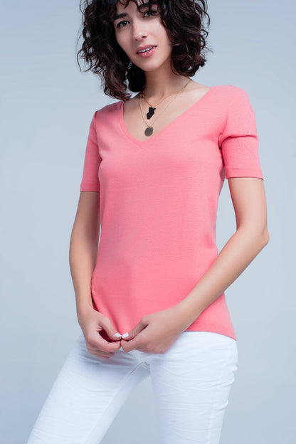 Camiseta Coral de manga corta con cuello de pico