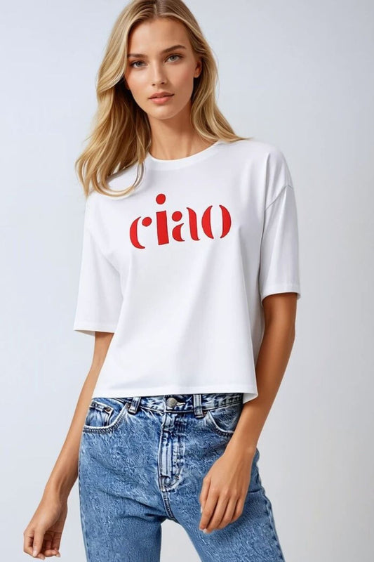 Q2 Camiseta de algodón fabricada en Italia con el logo Ciao en color rojo