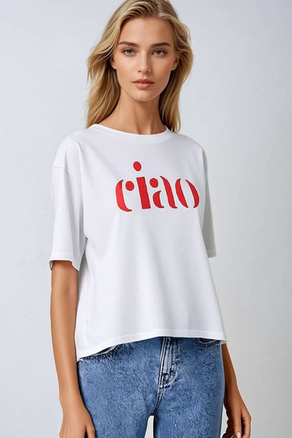 Camiseta de algodón fabricada en Italia con el logo Ciao en color rojo