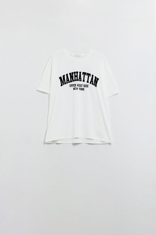 Q2 Camiseta De Manga Corta Con Texto Grafico Manhattan En Blanco