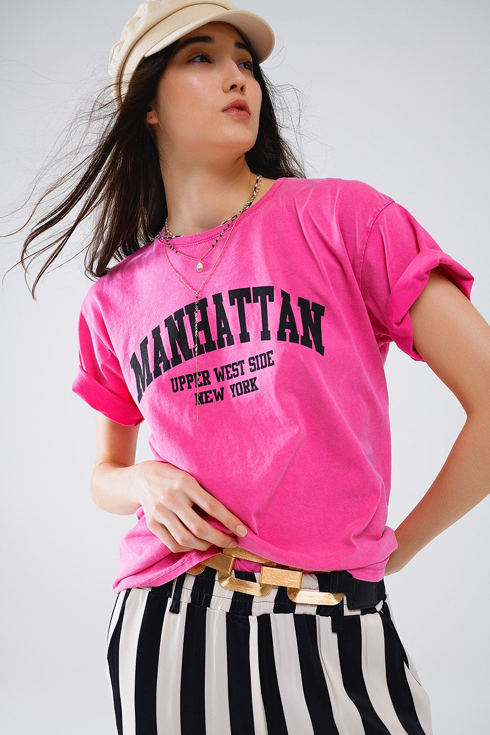 Camiseta De Manga Corta Con Texto Grafico Manhattan En Rosa