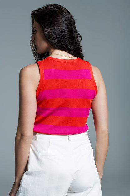 Camiseta de punto de tirantes a rayas fucsia y naranja
