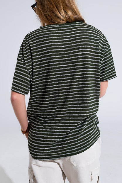 Camiseta de rayas Relaxed con cuello redondo en color caqui