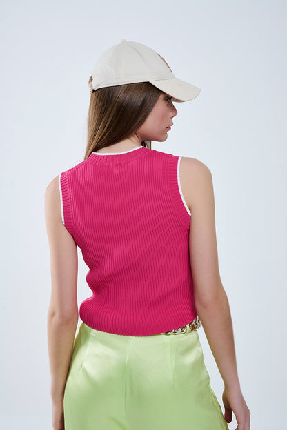 Camiseta de tirantes ajustada rosa frambuesa con ribete blanco