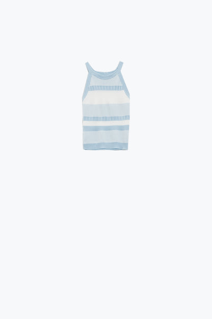 Q2 Camiseta de tirantes azul con diseño de rayas en diferentes tejidos