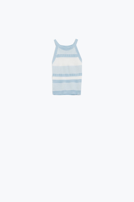 Q2 Camiseta de tirantes azul con diseño de rayas en diferentes tejidos