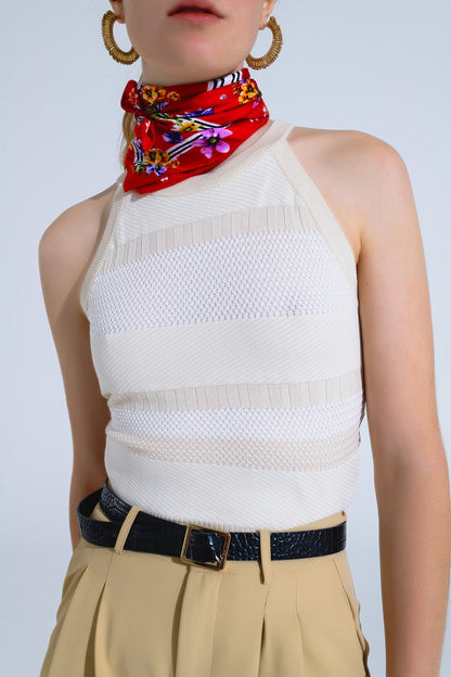 Camiseta de tirantes beige con diseño de rayas en diferentes tejidos