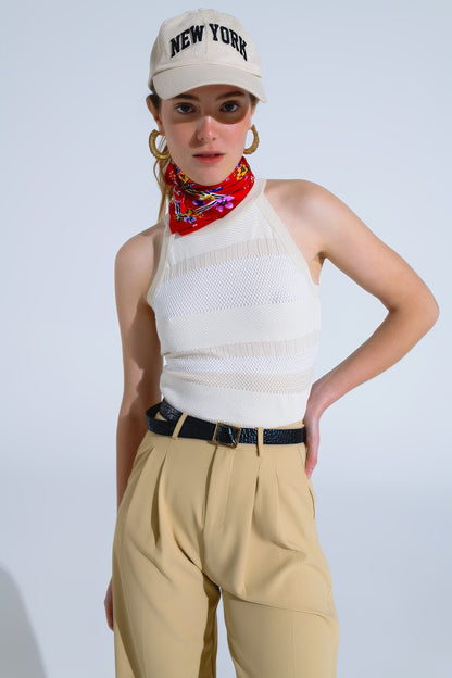 Camiseta de tirantes beige con diseño de rayas en diferentes tejidos