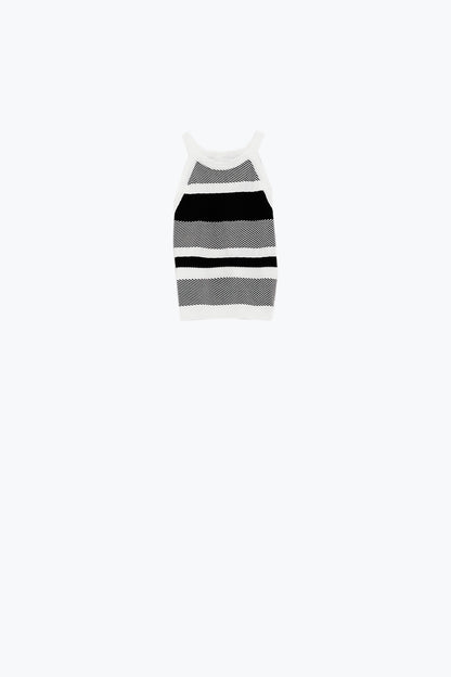 Q2 Camiseta de tirantes blanca y negra con diseño de rayas en diferentes tejidos