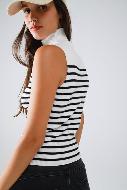 Camiseta De Tirantes Con Cuello De Tortuga A Rayas En Blanco