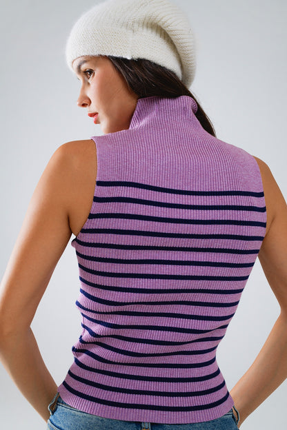 Camiseta De Tirantes Con Cuello De Tortuga A Rayas En Lavander