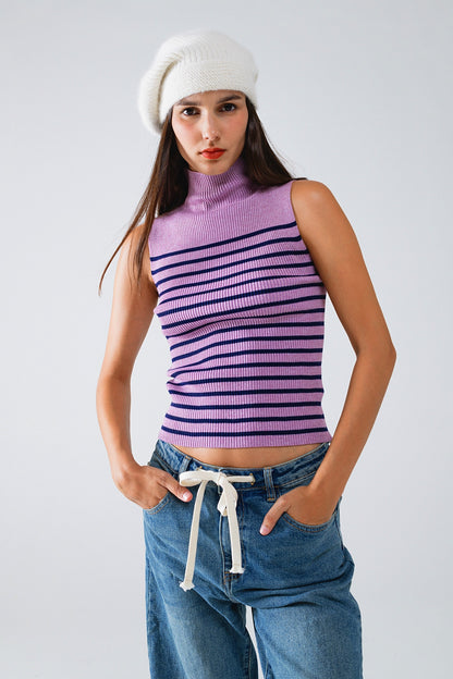 Camiseta De Tirantes Con Cuello De Tortuga A Rayas En Lavander