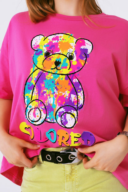 camiseta fuxia holgada con osito coloreado