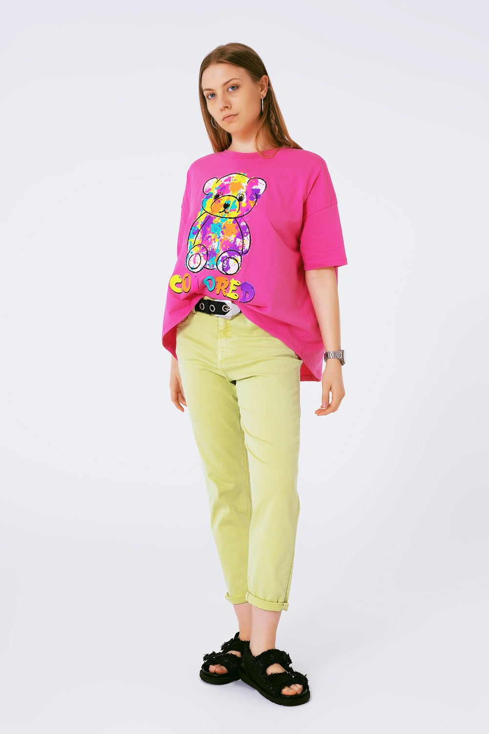 camiseta fuxia holgada con osito coloreado