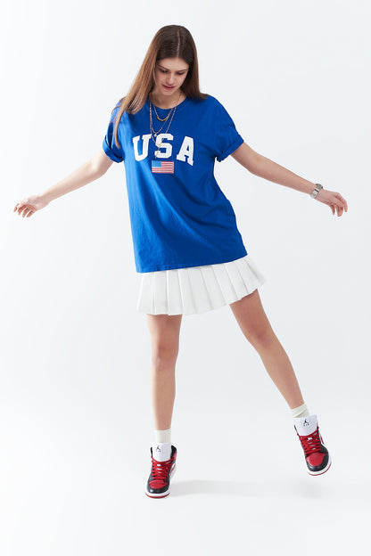 Camiseta larga holgada azul con logotipo de USA