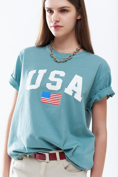 Camiseta larga suelta verde con logotipo de USA