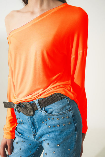 Camiseta naranja cuello barco de manga larga en modal