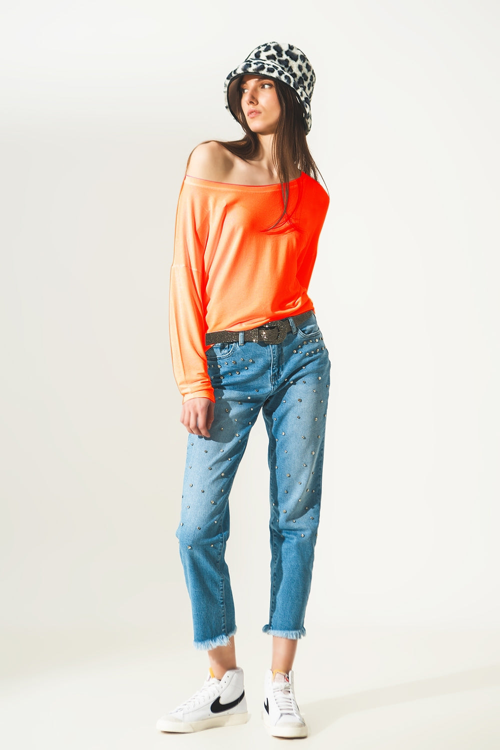 Camiseta naranja cuello barco de manga larga en modal